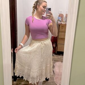 Vintage Crochet Cream Bohemian Maxi Skirt Size Large
